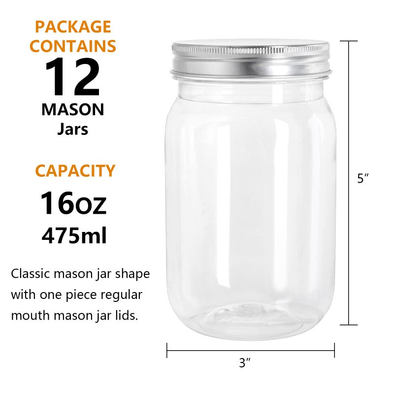 Tebery 12 Pack Clear Plastic Mason Jars with One Piece Lids, 16OZ Mason Cocktail Cup Shatterproof Drinking Jar, Refillable Empty Slime Storage Containers for Overnight Oats, Honey, Spices and Herbs - Image 2